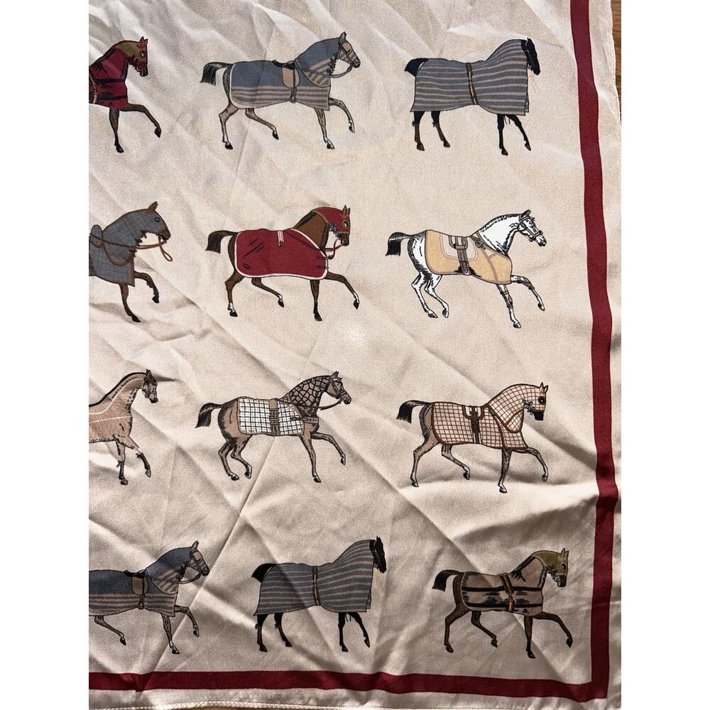 Horses In Blankets Scarf 27" x 27" Square Satin Equestrian Chic Champagne - Picture 6 of 8